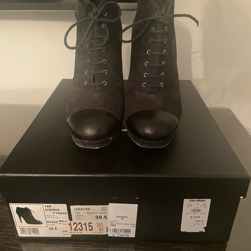 Chanel Lace Up Suede Booties